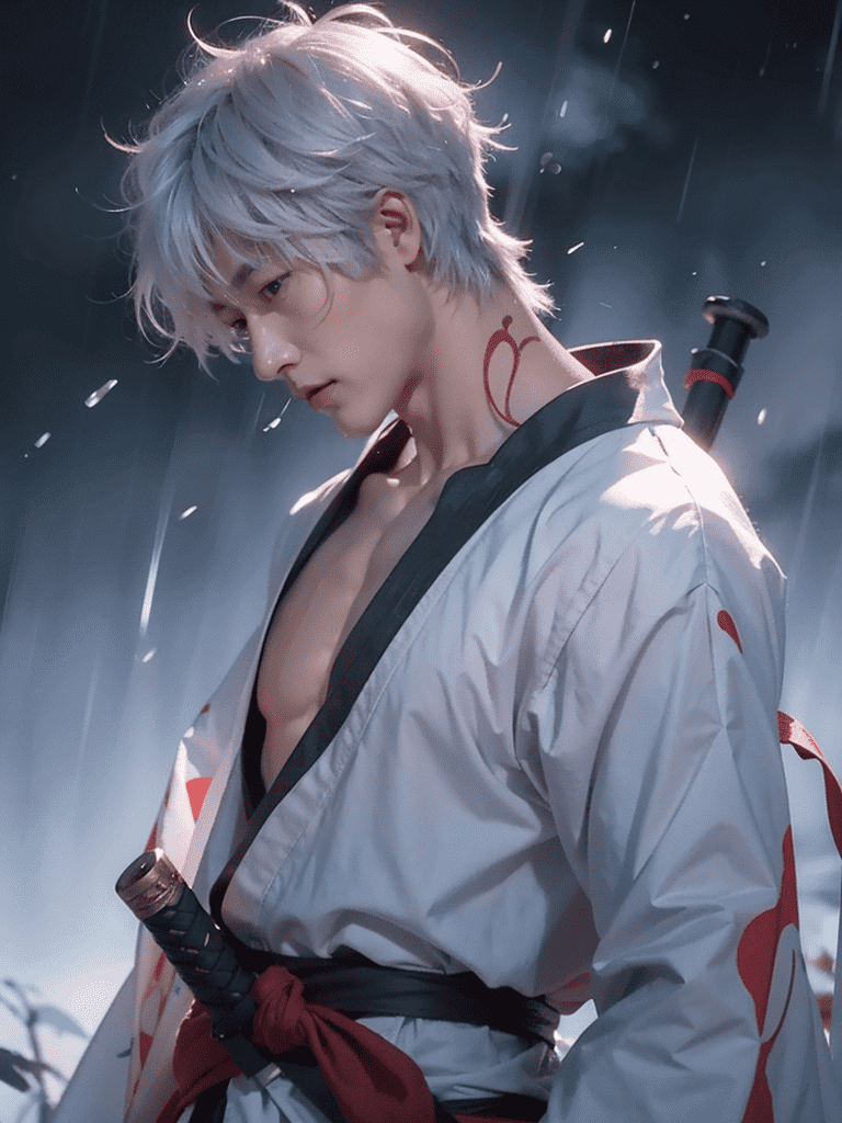 By utilizing style transfer techniques, we transform the 2D character Gojo Satoru into a realistic human representation, achieving a conversion from anime to photorealistic style. This picture depicts a muscular, white-haired male warrior with red tribal markings, holding a sword. The dramatic lighting and moody color palette evoke a sense of tension and readiness, characteristic of contemporary fantasy art.