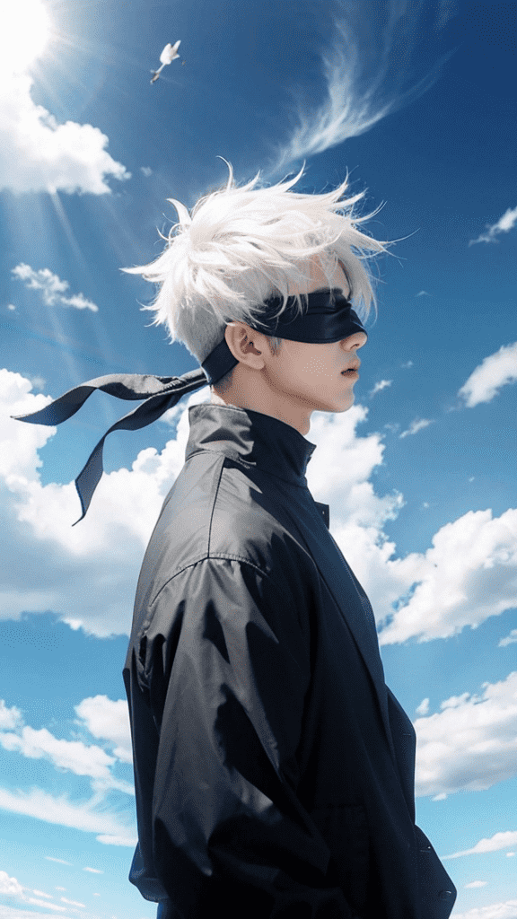 By utilizing style transfer techniques, we transform the 2D character Gojo Satoru into a realistic human representation, achieving a conversion from anime to photorealistic style. He features a character with spiky white hair and a blindfold, symbolizing mystery and introspection. The use of light and shadow creates depth, while the blue sky contrasts with the dark attire, enhancing the character's enigmatic presence.