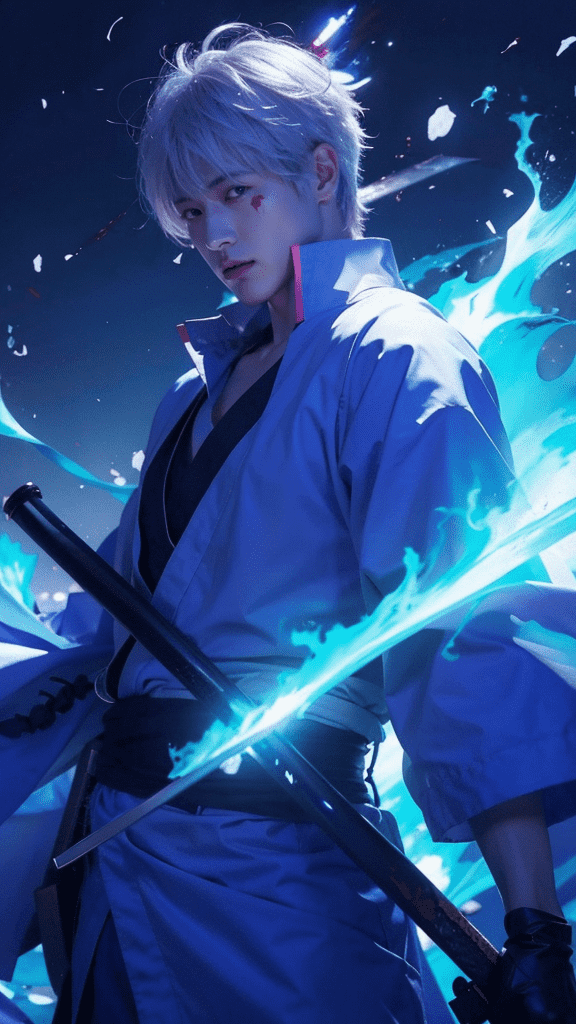 By utilizing style transfer techniques, we transform the 2D character Gojo Satoru into a realistic human representation, achieving a conversion from anime to photorealistic style. The use of vibrant, glowing blue tones contrasts with the dark background, emphasizing the character's mystical aura. The light source appears to emanate from the character's weapon and hair, creating an otherworldly ambiance.