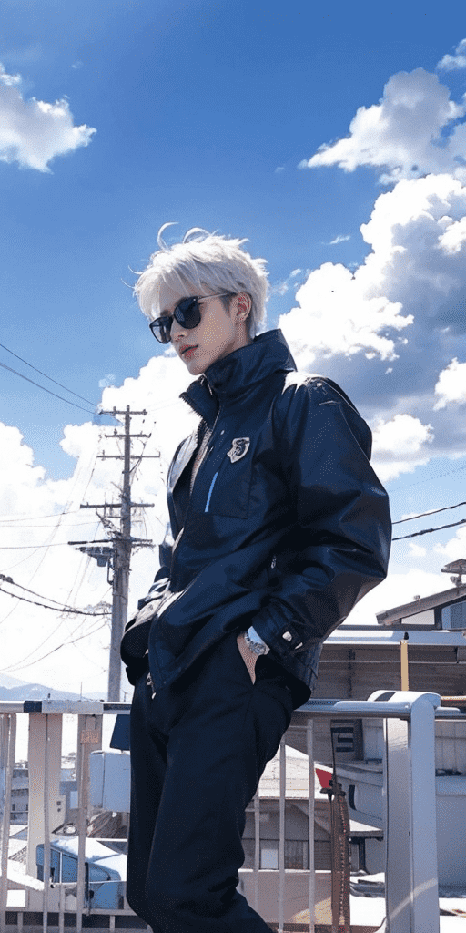 By utilizing style transfer techniques, we transform the 2D character Gojo Satoru into a realistic human representation, achieving a conversion from anime to photorealistic style. The composition is dynamic, with the subject slightly off-center, creating a sense of movement. The color palette is vibrant yet balanced, with the deep blue sky contrasting the character's dark attire. The light source is natural, highlighting the character's features and casting subtle shadows.