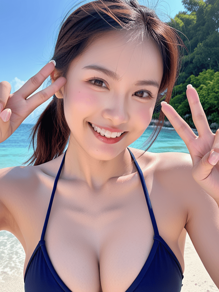 1girl, solo, breasts, looking_at_viewer, smile, large_breasts, brown_hair, cleavage, brown_eyes, collarbone, upper_body, swimsuit, ponytail, bikini, teeth, grin, fingernails, lips, v, black_bikini, pink_nails, mole_on_breast, realistic, photorealistic.