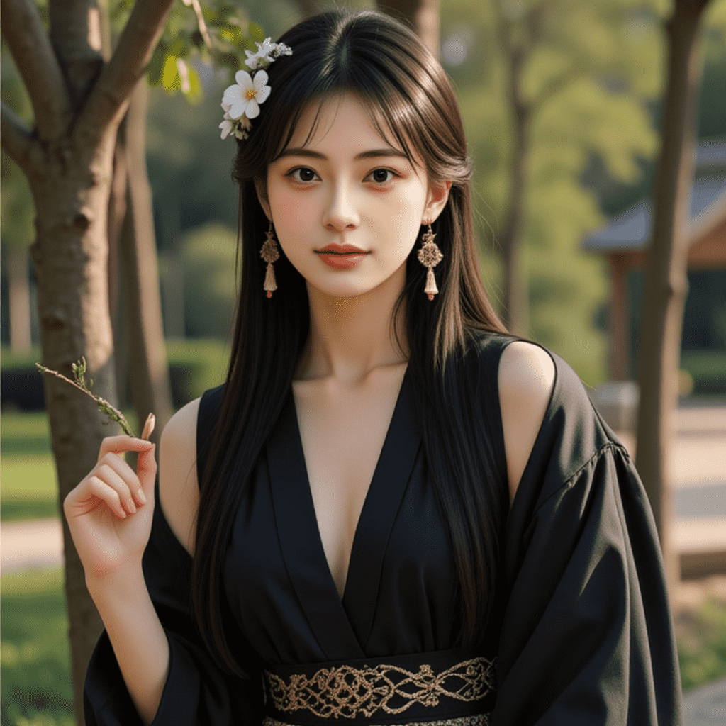 By utilizing face swapping technology, we replaced her facial features with those of another girl, achieving face replacement while keeping the rest of the image unchanged. The composition centers her, emphasizing her calm, introspective expression. The soft, natural light enhances the serene atmosphere, while the muted color palette contrasts with the subtle gold accents, creating a harmonious balance.