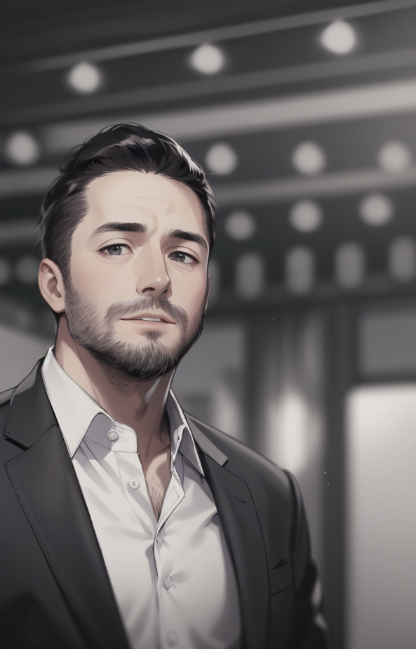 By utilizing style transfer, we convert Musk into a two-dimensional (2D) anime-style image, achieving a transformation from photorealism to anime. This digital artwork portrays Musk in a sleek, tailored black suit, embodying a modern, sophisticated aesthetic. The composition is balanced, with the subject centrally positioned, drawing the viewer's focus immediately. The use of light and shadow enhances the three-dimensionality of the figure, creating a realistic depth.