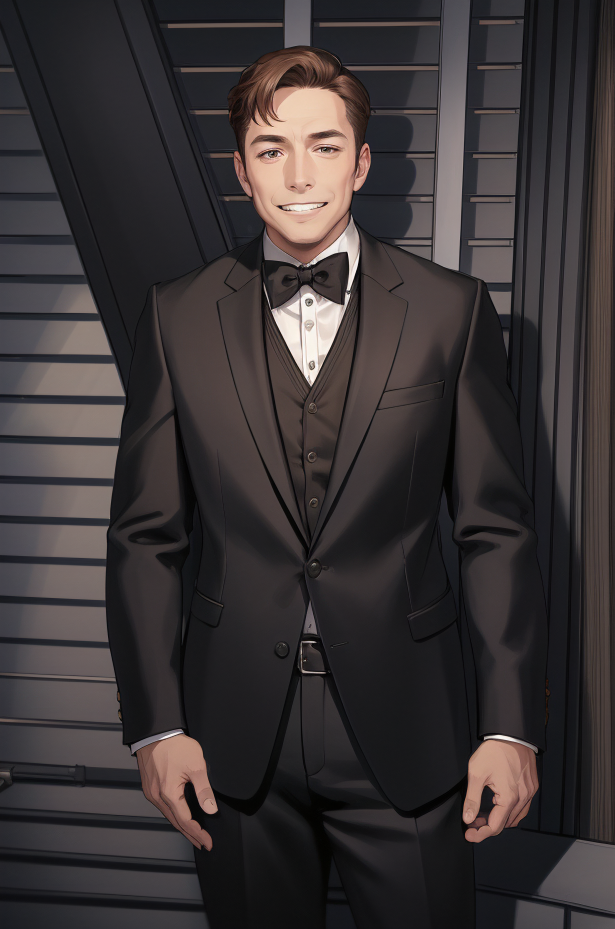 By utilizing style transfer, we convert Musk into a two-dimensional (2D) anime-style image, achieving a transformation from photorealism to anime. This digital artwork portrays Musk in a sleek, tailored black suit, embodying a modern, sophisticated aesthetic.