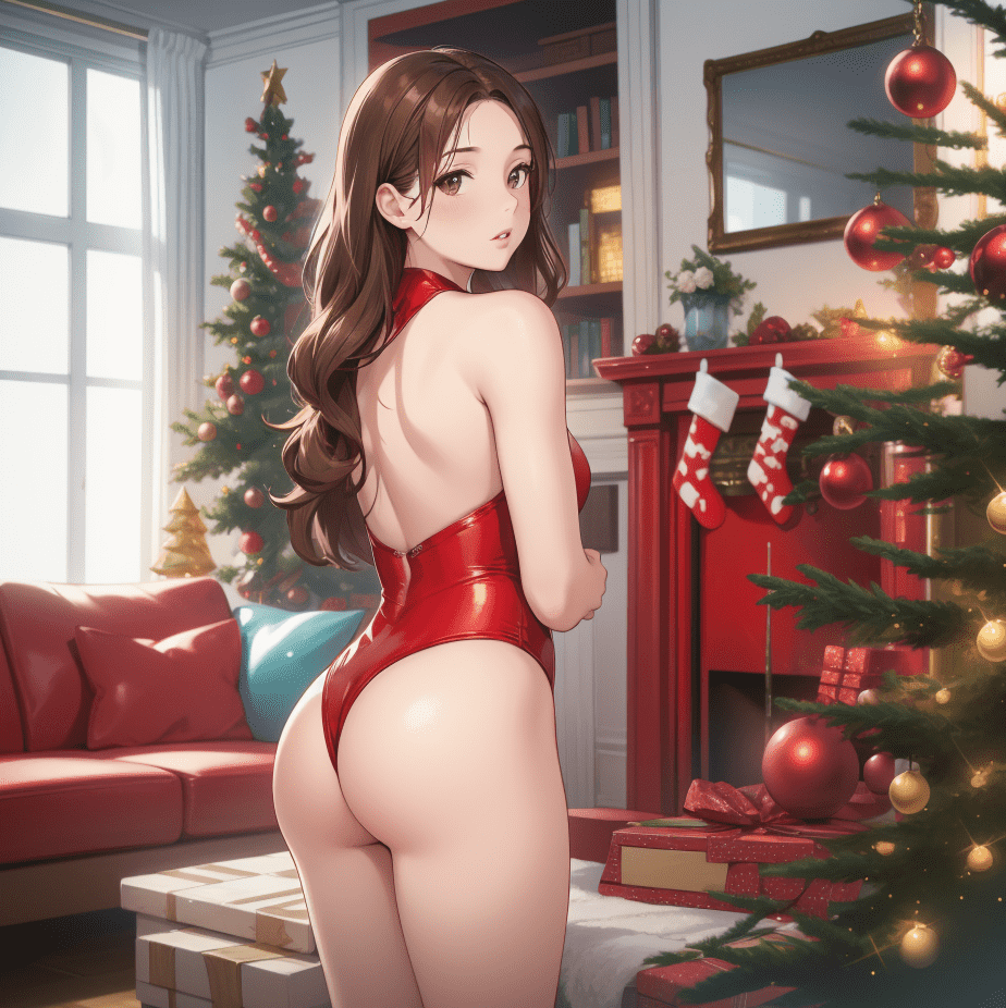 By utilizing style transfer, we convert a real-life beautiful woman into a two-dimensional (2D) anime-style image, achieving a transformation from photorealism to anime. This digital artwork portrays a young woman in a revealing red outfit, standing beside a Christmas tree adorned with ornaments. The composition centers her figure, emphasizing her curves and the glossy texture of her clothing. The use of light accentuates her smooth skin and the softness of her hair, creating a contrast with the more rigid, festive elements around her.